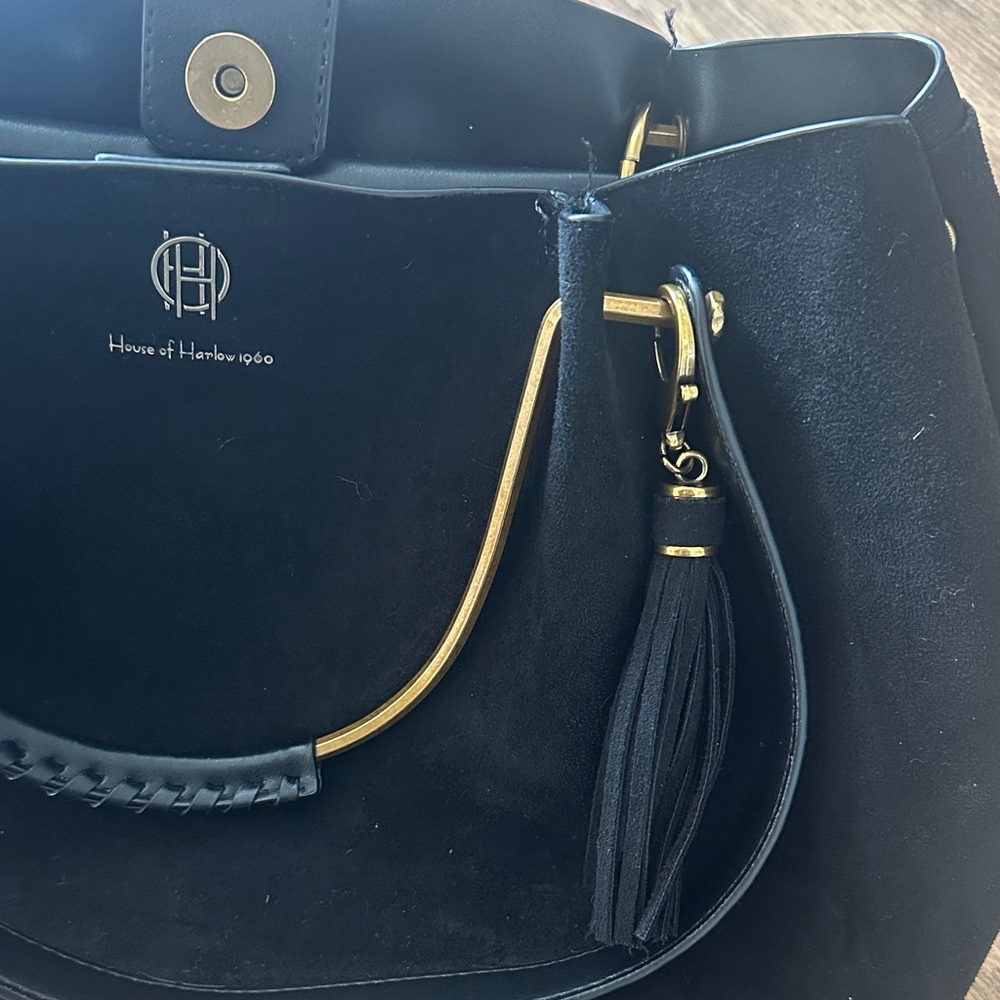 House of Harlow 1960 Black Suede Tote with Gold Hardware - Picture 2 of 4